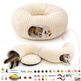 MOYMO Cat Tunnel Bed with 40 Pcs Interactive Cat Toys, Cat Tube with Kitten Toys for Indoor Kittens, Collapsible Play Tunnel, White