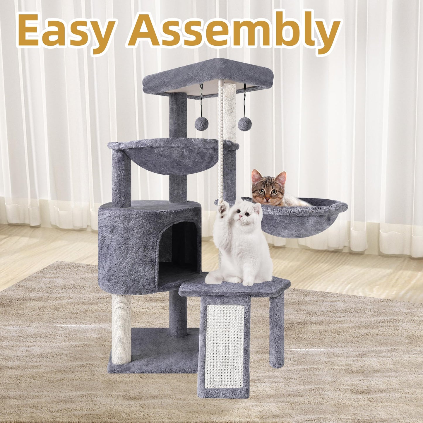 3-Tier Cat Tree with 2 Hammocks & Condo, Grey | Multi-Level Indoor Cat Tower with Natural Sisal Scratching Posts, Rope Ladder, Replaceable Hanging Balls | Sturdy Cat Furniture for Kittens & Adult Cats