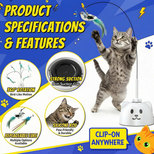 CATPICK Interactive Cat Toys for Indoor Cats - Automatic Flying Bird Feather Toy, Rechargeable Electric Cat Wand with Sticky Suction Base, Smart Motion Activated Self-Play Enrichment Toy for Bored Cat