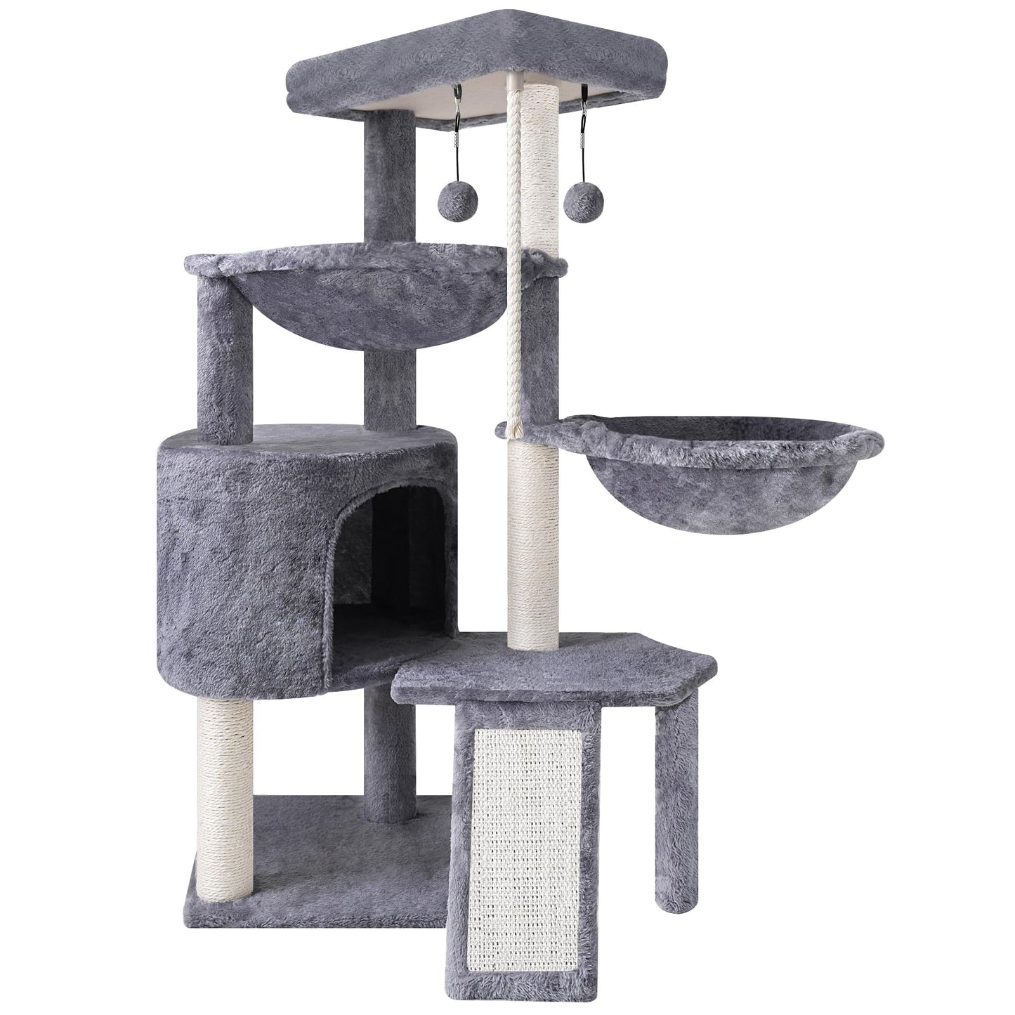 3-Tier Cat Tree with 2 Hammocks & Condo, Grey | Multi-Level Indoor Cat Tower with Natural Sisal Scratching Posts, Rope Ladder, Replaceable Hanging Balls | Sturdy Cat Furniture for Kittens & Adult Cats