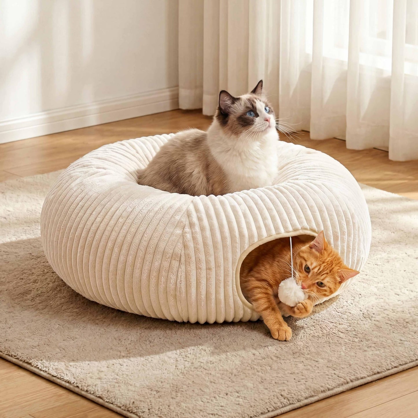MOYMO Cat Tunnel Bed with 40 Pcs Interactive Cat Toys, Cat Tube with Kitten Toys for Indoor Kittens, Collapsible Play Tunnel, White