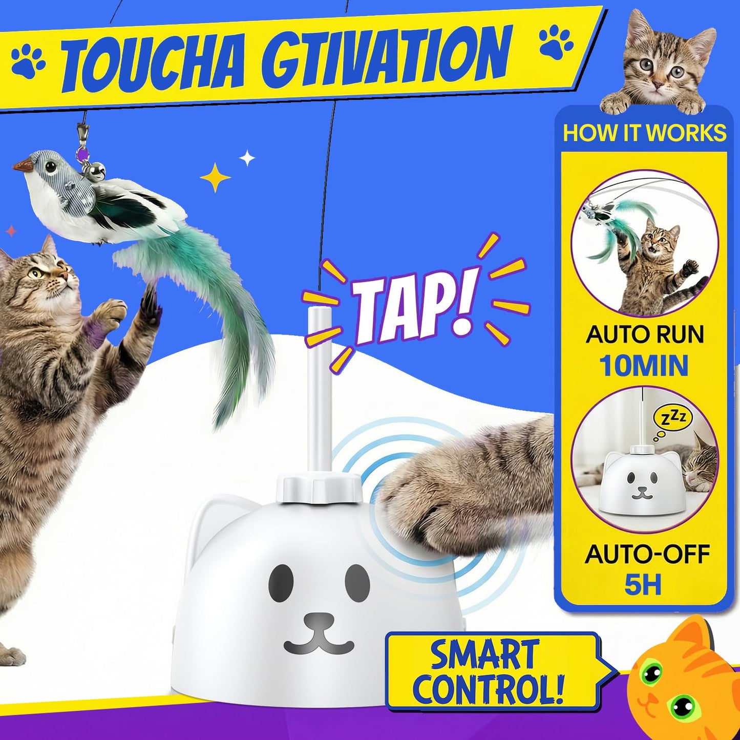 CATPICK Interactive Cat Toys for Indoor Cats - Automatic Flying Bird Feather Toy, Rechargeable Electric Cat Wand with Sticky Suction Base, Smart Motion Activated Self-Play Enrichment Toy for Bored Cat