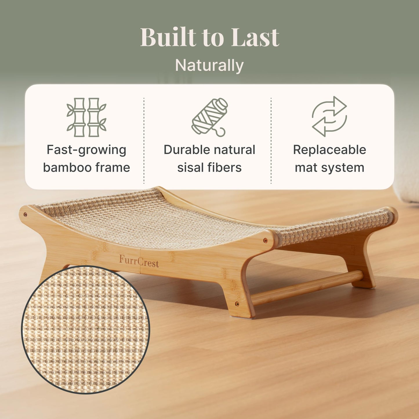 FurrCrest XL Sisal Cat Scratcher Bed with Elevated Hammock for Indoor Cats, Replaceable Natural Sisal Pad, Large Cat Lounge, Anti-Slip No-Wobble Bamboo Frame, Natural Grey