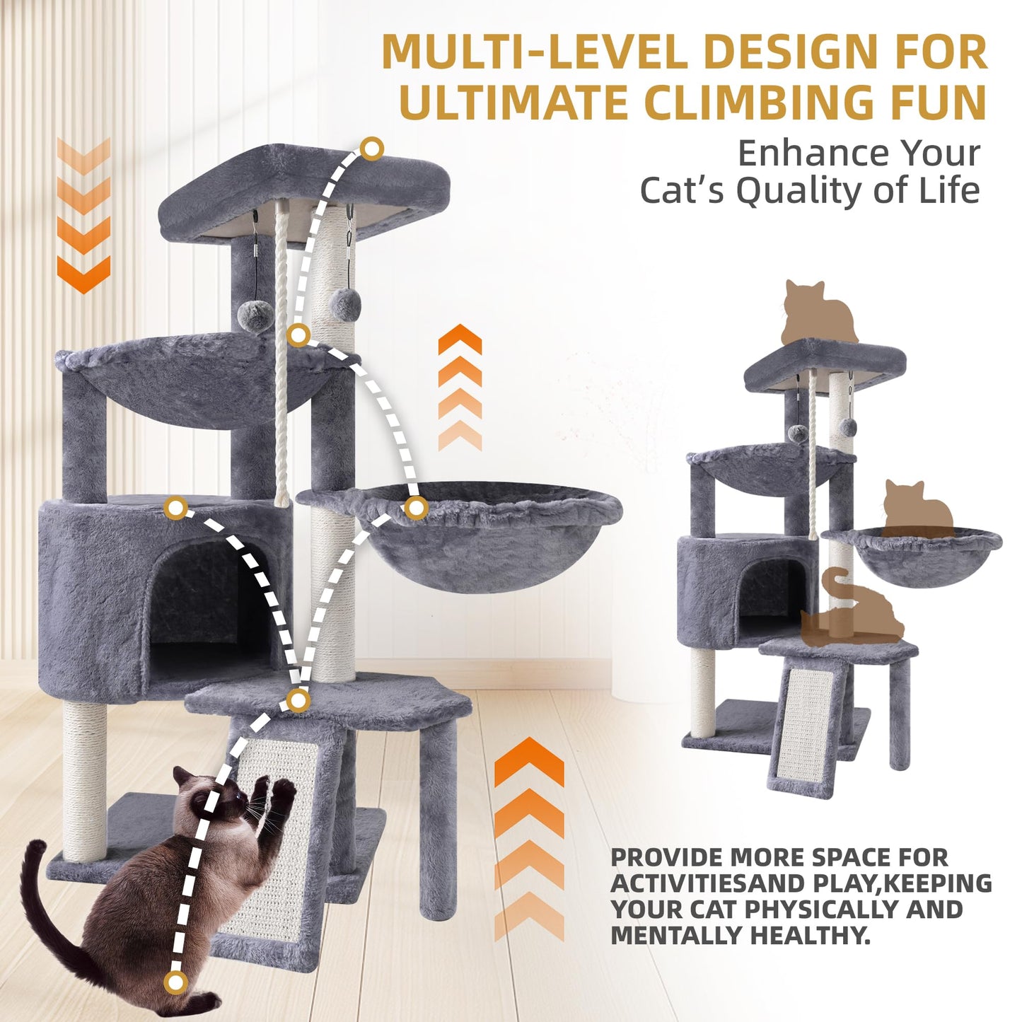 3-Tier Cat Tree with 2 Hammocks & Condo, Grey | Multi-Level Indoor Cat Tower with Natural Sisal Scratching Posts, Rope Ladder, Replaceable Hanging Balls | Sturdy Cat Furniture for Kittens & Adult Cats