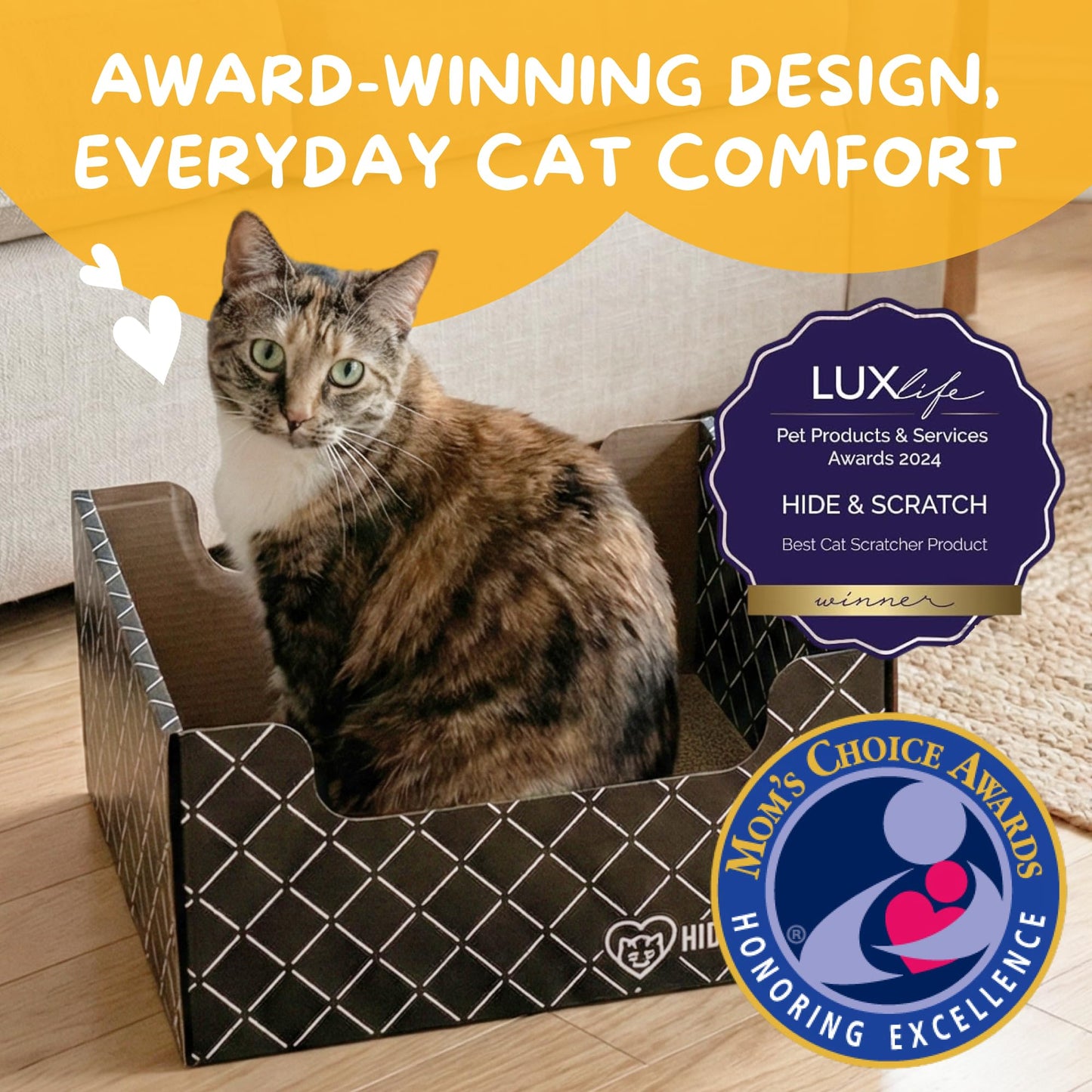 Hide & Scratch Cardboard Cat Scratcher Box & Bed - Dark Grey Diamond | Double-Sided Corrugated Pad for Indoor Cats | Refillable Scratching Board Toy for Play & Furniture Protection