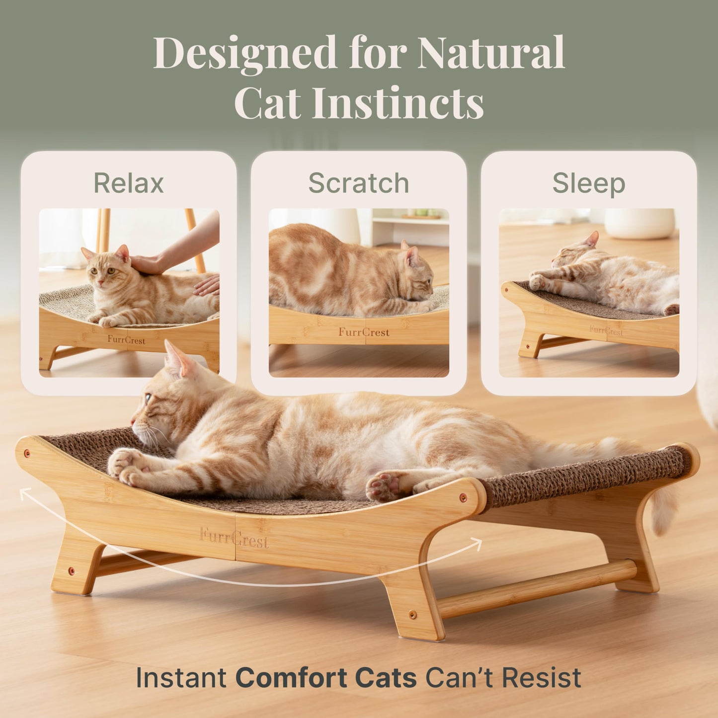 FurrCrest XL Sisal Cat Scratcher Bed with Elevated Hammock for Indoor Cats, Replaceable Natural Sisal Pad, Large Cat Lounge, Anti-Slip No-Wobble Bamboo Frame, Natural Grey