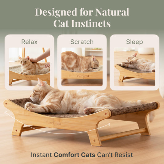 FurrCrest XL Sisal Cat Scratcher Bed with Elevated Hammock for Indoor Cats, Replaceable Natural Sisal Pad, Large Cat Lounge, Anti-Slip No-Wobble Bamboo Frame, Natural Grey