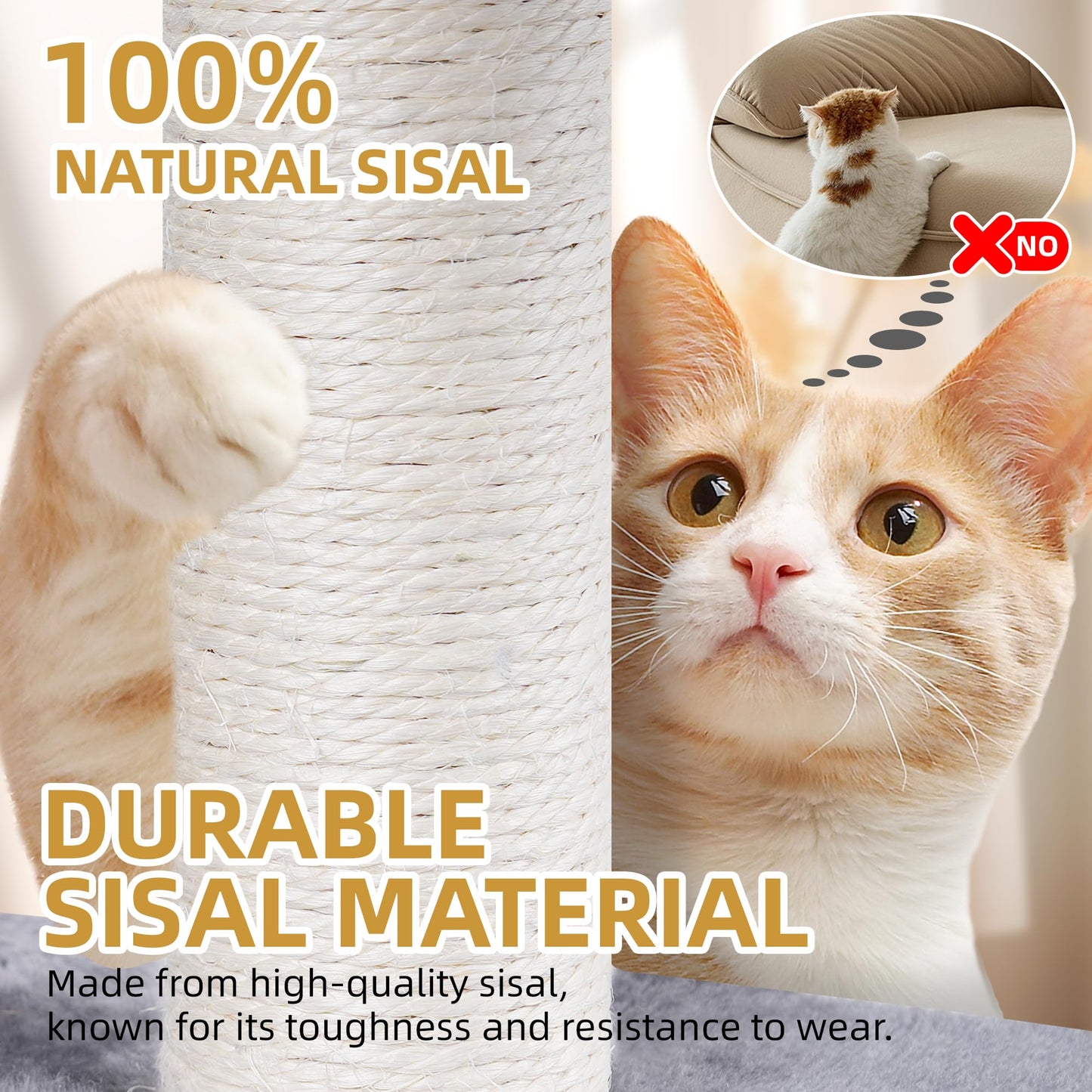 3-Tier Cat Tree with 2 Hammocks & Condo, Grey | Multi-Level Indoor Cat Tower with Natural Sisal Scratching Posts, Rope Ladder, Replaceable Hanging Balls | Sturdy Cat Furniture for Kittens & Adult Cats