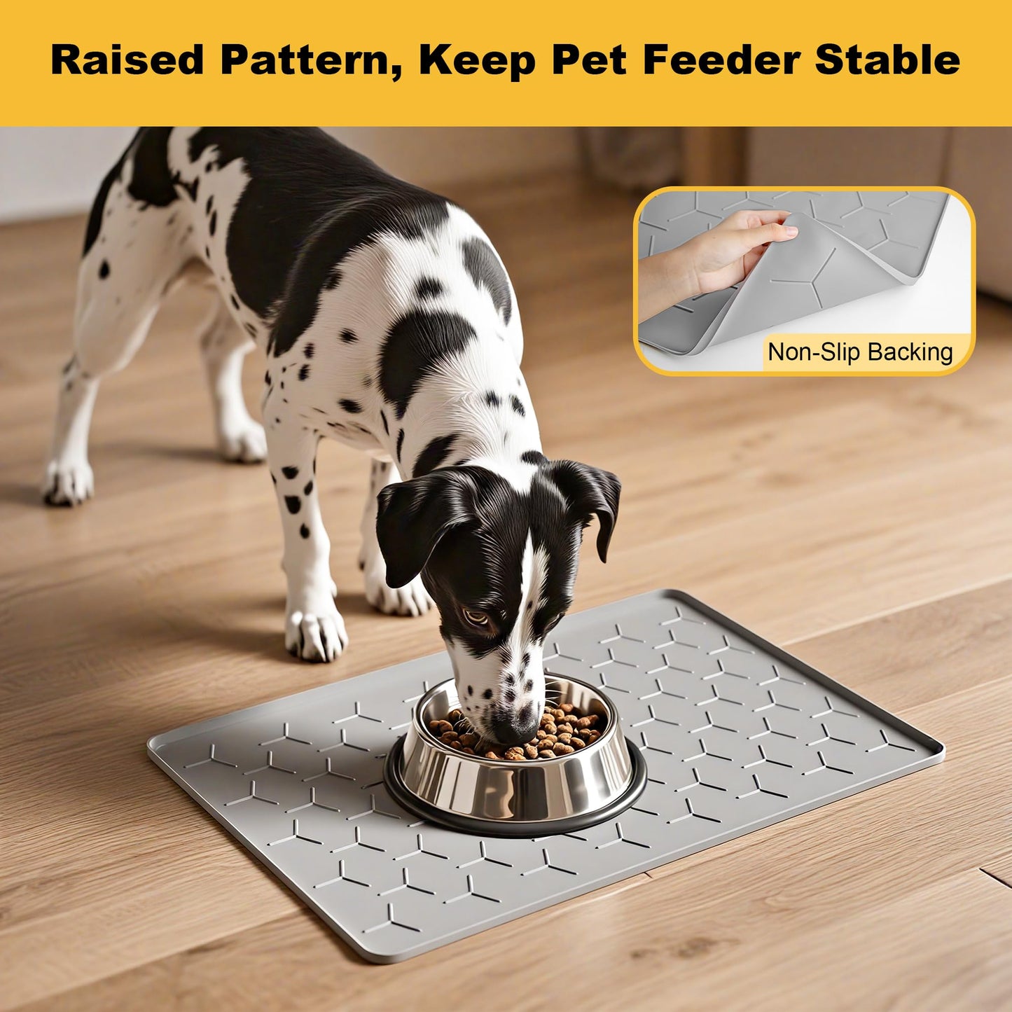 Pieviev 24''x16'' Dog Cat Food Bowl Mat, Silicone Waterproof Food Grade Pet Food Mat for Floor, High Raised Edge to Prevent Spills, Non-Slip & Easy Clean Pet Placemat for Dog & Cat Bowls, Light Gray