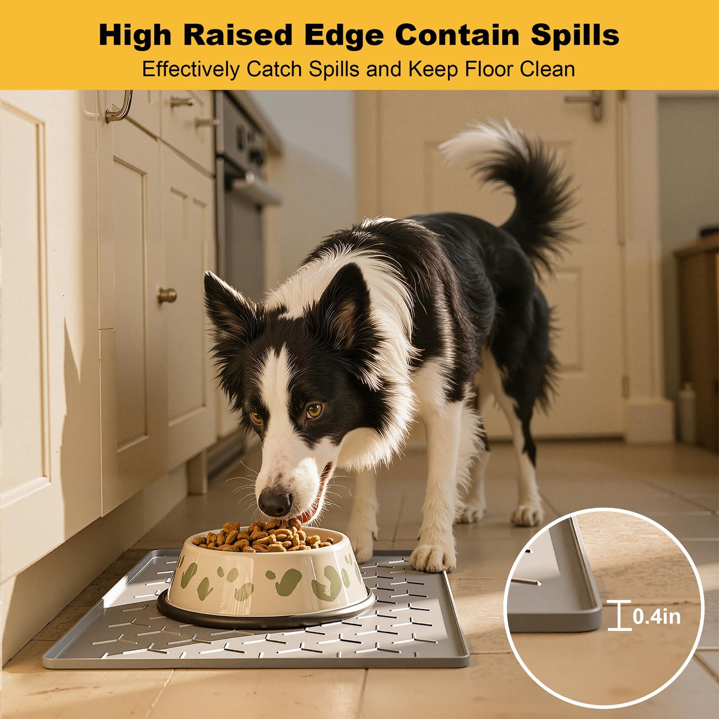 Pieviev 24''x16'' Dog Cat Food Bowl Mat, Silicone Waterproof Food Grade Pet Food Mat for Floor, High Raised Edge to Prevent Spills, Non-Slip & Easy Clean Pet Placemat for Dog & Cat Bowls, Light Gray