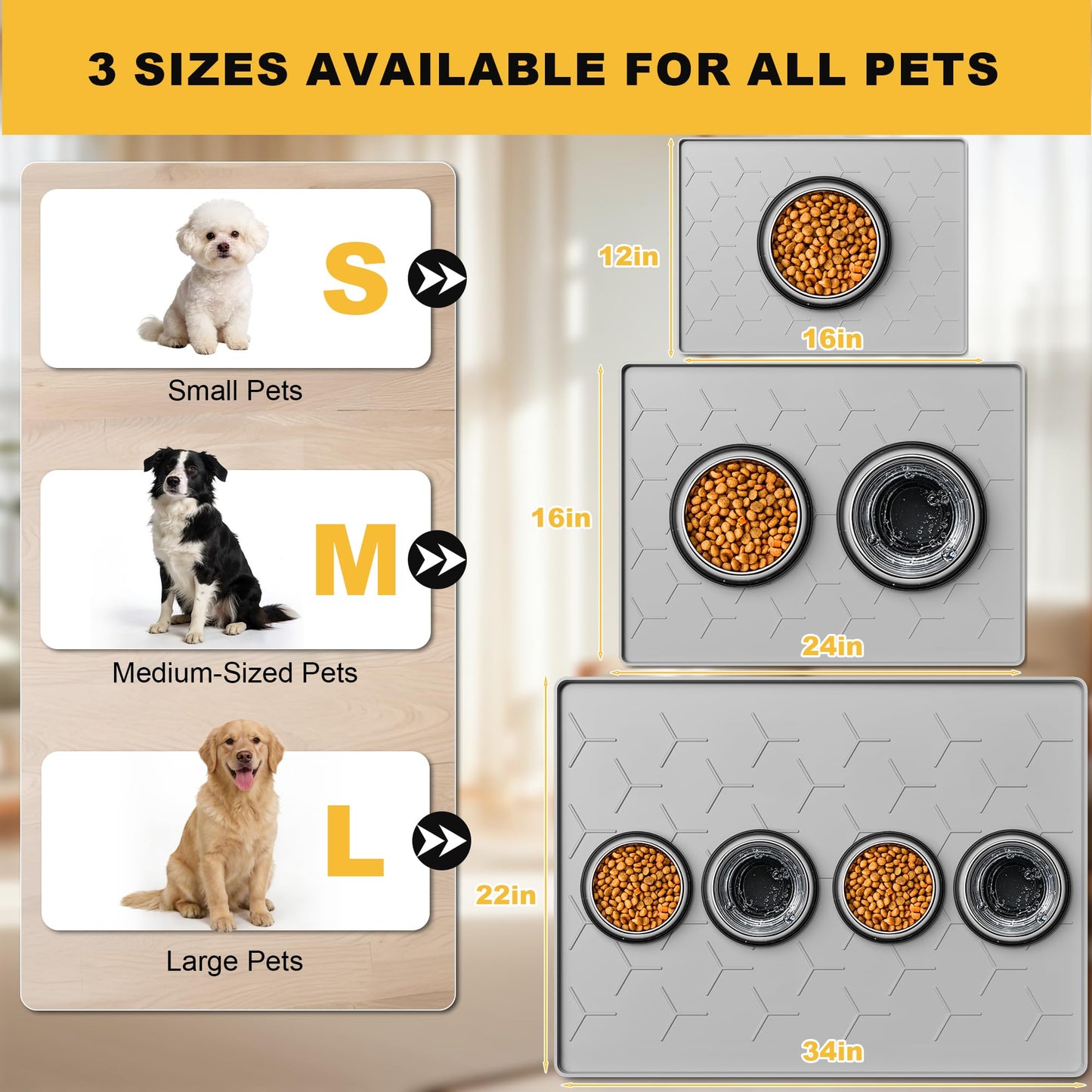 Pieviev 24''x16'' Dog Cat Food Bowl Mat, Silicone Waterproof Food Grade Pet Food Mat for Floor, High Raised Edge to Prevent Spills, Non-Slip & Easy Clean Pet Placemat for Dog & Cat Bowls, Light Gray