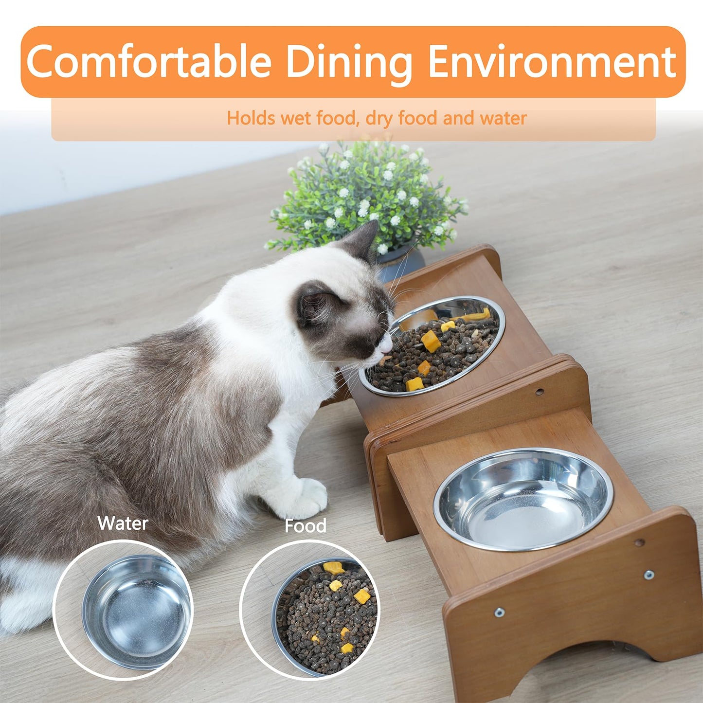 Elevated Stainless Steel Raised Food and Water Bowls, 15 Tilted Anti Vomiting, Dishwasher Safe, Non-Slip, Suitable for Cats and Puppies (Brown) - 2 Pack