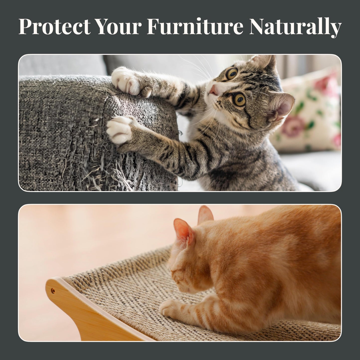 FurrCrest XL Sisal Cat Scratcher Bed with Elevated Hammock for Indoor Cats, Replaceable Natural Sisal Pad, Large Cat Lounge, Anti-Slip No-Wobble Bamboo Frame, Natural Grey