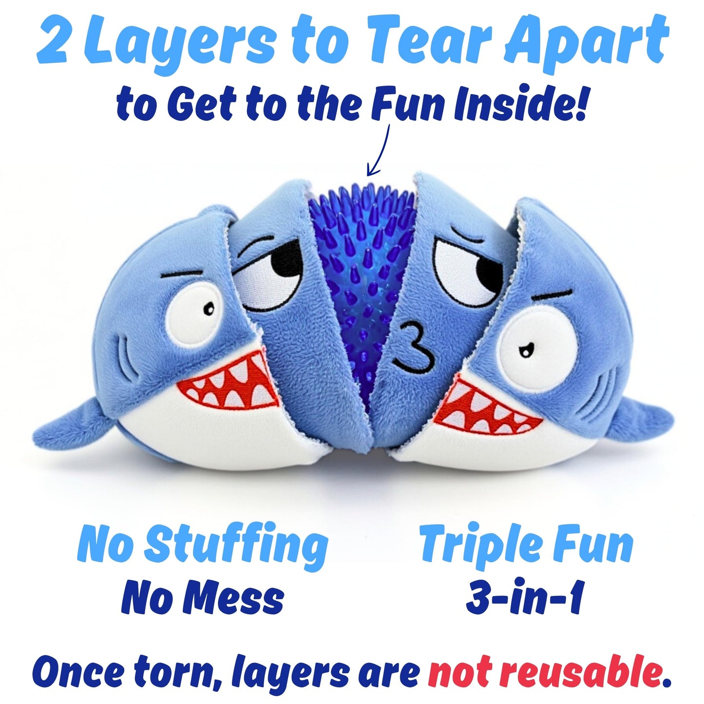 PeppyPawz - Sharky 3 in 1 Plush Shark Dog Chew Toy with Squeaky Ball Inside for Aggressive Chewers, Super Interactive No Stuffing, Strong Tough Heavy Durable, Birthday Gift Box for Small & Large Breed