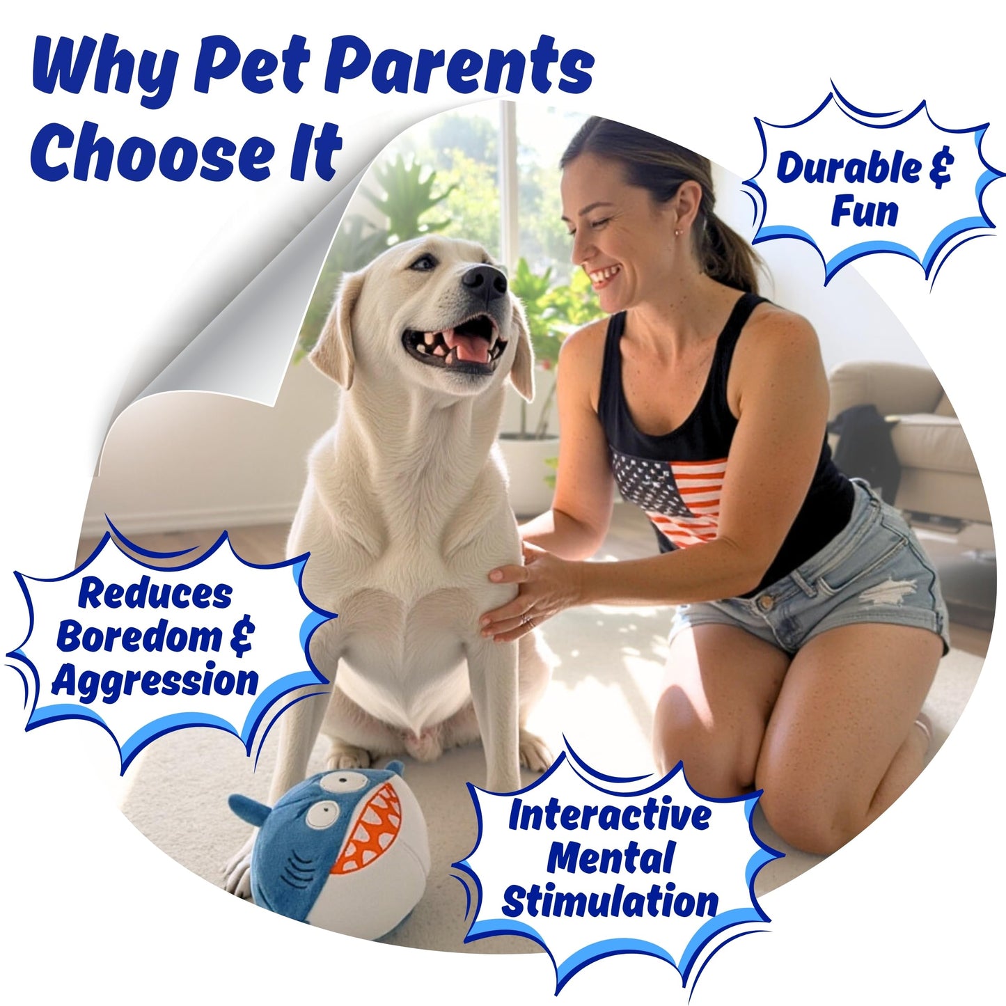 PeppyPawz - Sharky 3 in 1 Plush Shark Dog Chew Toy with Squeaky Ball Inside for Aggressive Chewers, Super Interactive No Stuffing, Strong Tough Heavy Durable, Birthday Gift Box for Small & Large Breed