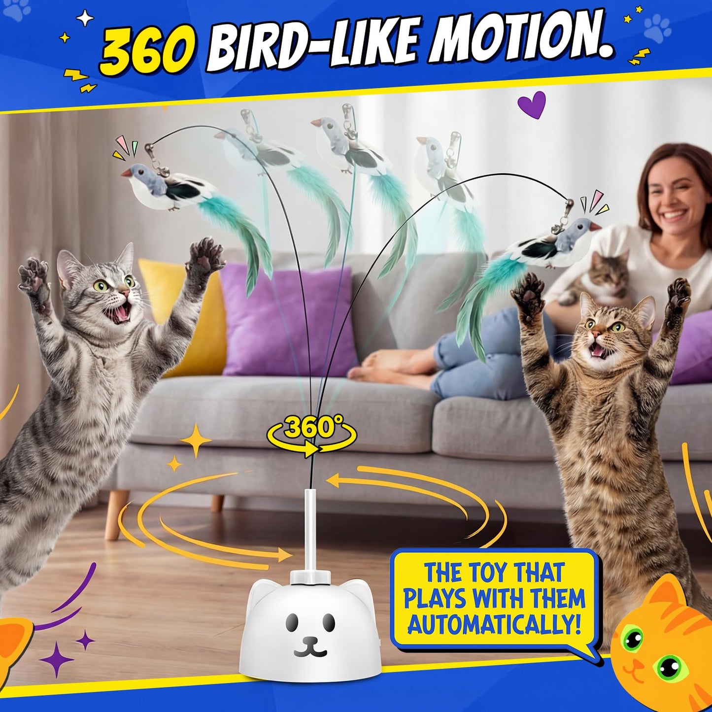 CATPICK Interactive Cat Toys for Indoor Cats - Automatic Flying Bird Feather Toy, Rechargeable Electric Cat Wand with Sticky Suction Base, Smart Motion Activated Self-Play Enrichment Toy for Bored Cat
