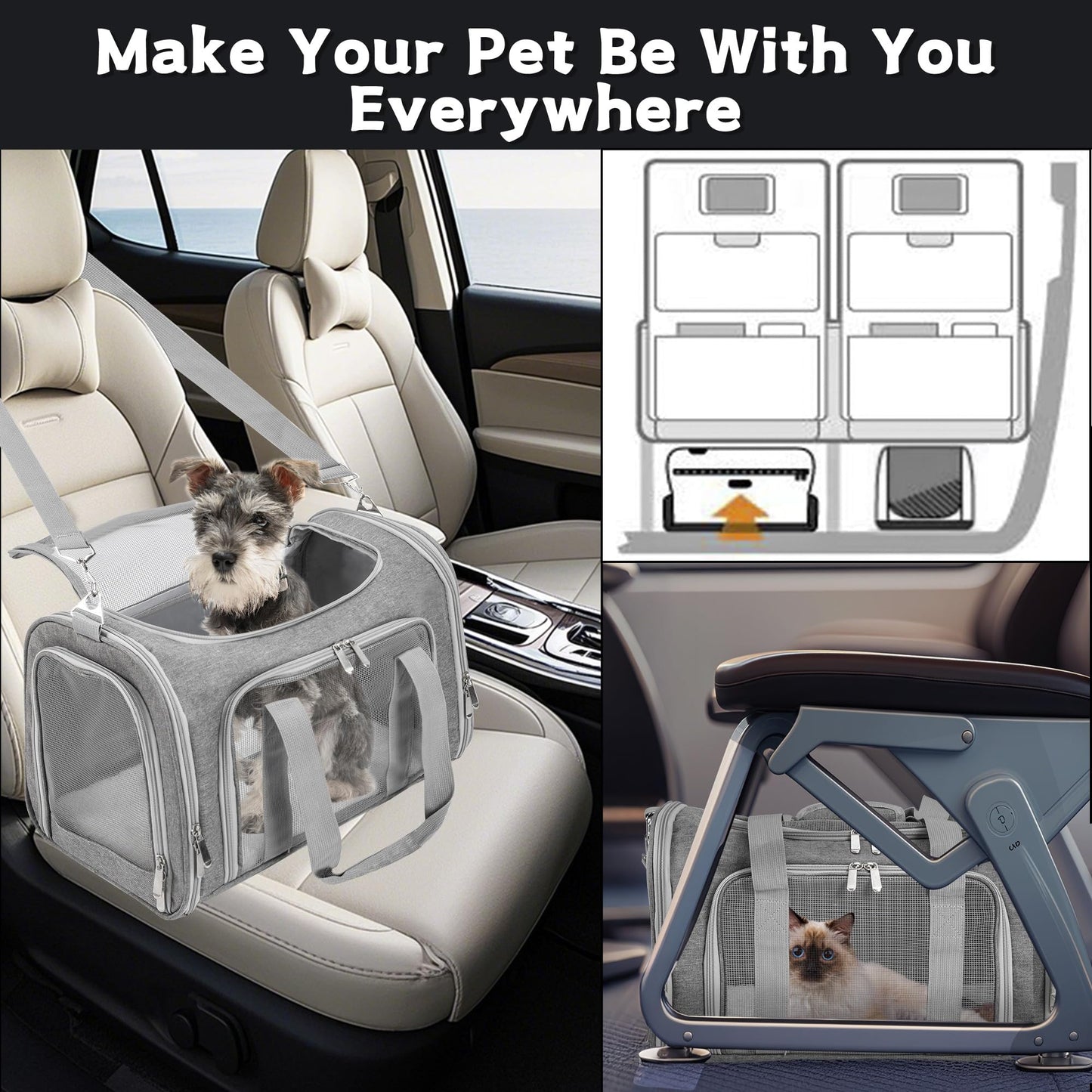 Soft-Sided Cat/Dog/Pet Carrier, Collapsible Pets Travel Carriers for Big Cats/Small Dogs with Shoulder Strap & Removable Mat, Mesh Puppy Carry Bag, Up to 16 Lbs, TSA Airline Approved(Gray)