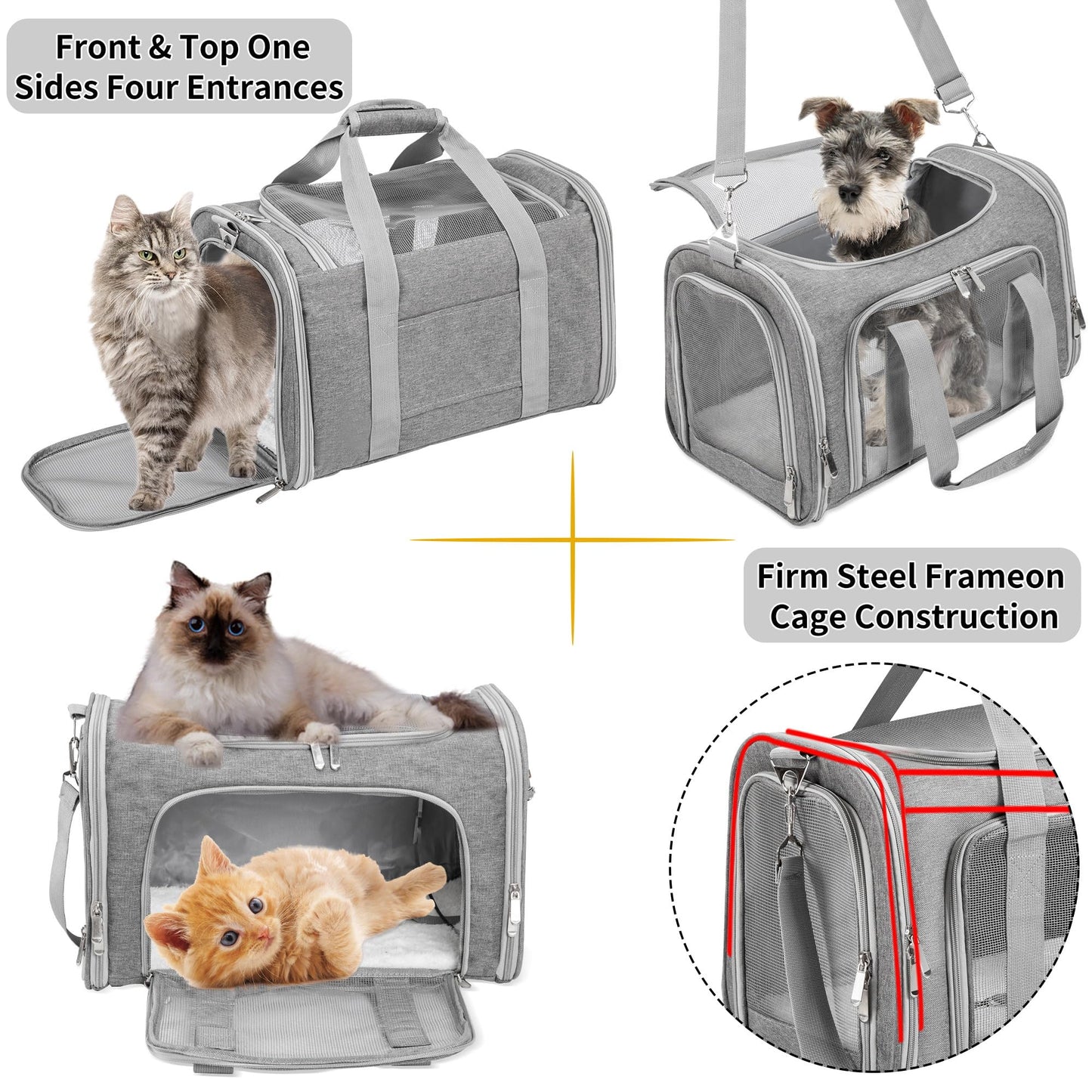 Soft-Sided Cat/Dog/Pet Carrier, Collapsible Pets Travel Carriers for Big Cats/Small Dogs with Shoulder Strap & Removable Mat, Mesh Puppy Carry Bag, Up to 16 Lbs, TSA Airline Approved(Gray)