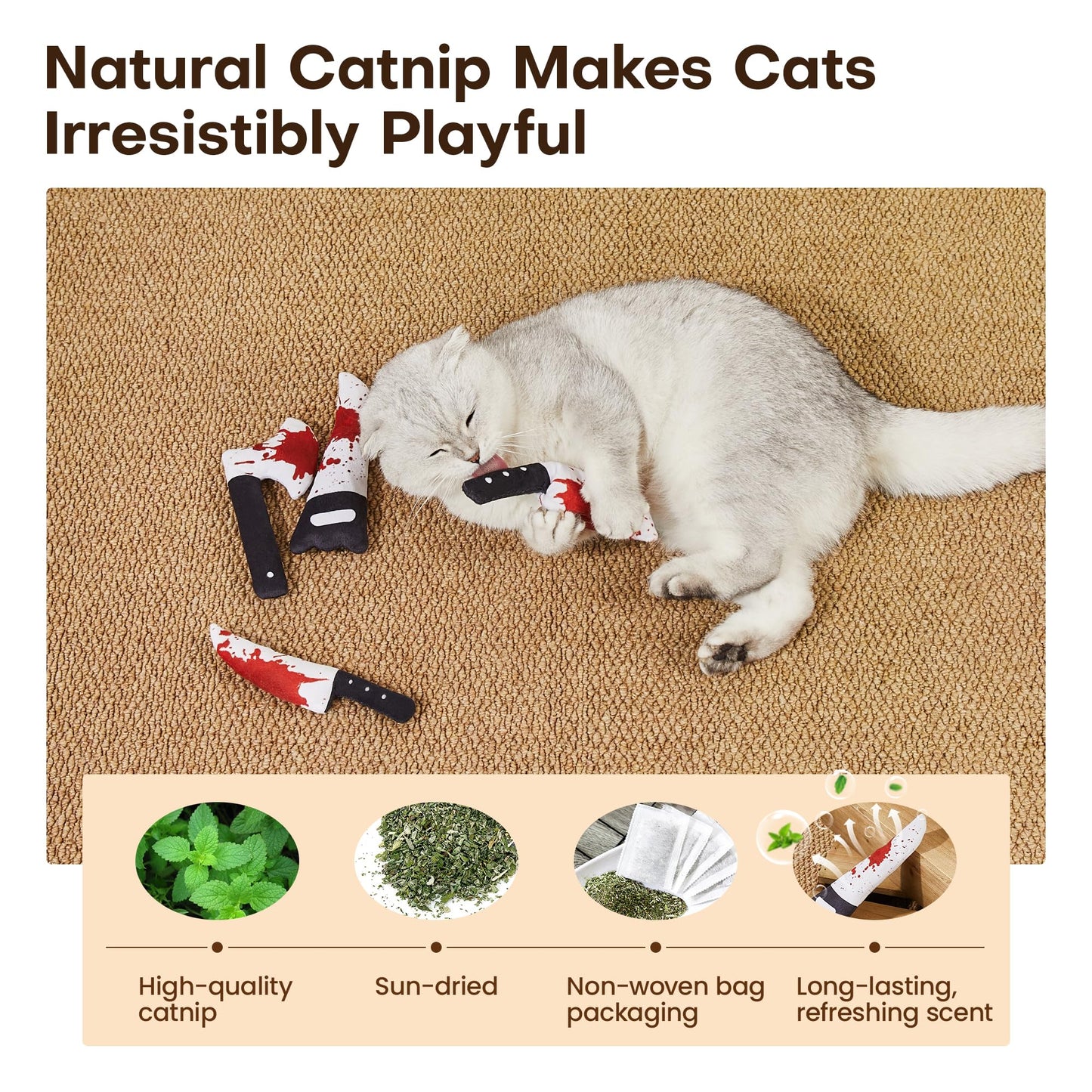 Potaroma 4Pcs Cat Toys, Horror Halloween Knife-Shaped Kitten Catnip Crinkly Sound Toys, Indoor Exercise for All Cat Breeds 6.5 Inches