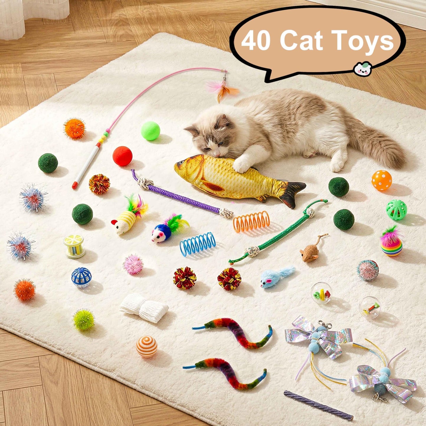 MOYMO Cat Tunnel Bed with 40 Pcs Interactive Cat Toys, Cat Tube with Kitten Toys for Indoor Kittens, Collapsible Play Tunnel, White