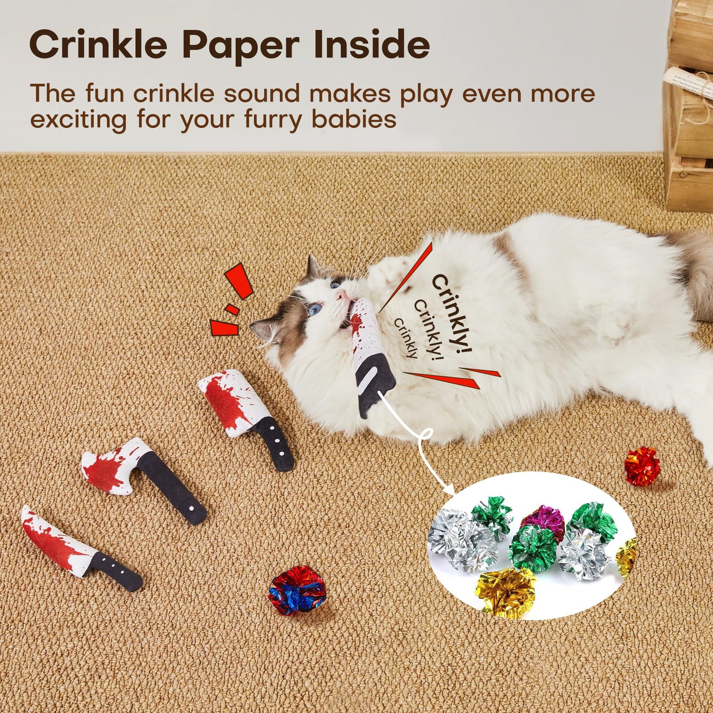 Potaroma 4Pcs Cat Toys, Horror Halloween Knife-Shaped Kitten Catnip Crinkly Sound Toys, Indoor Exercise for All Cat Breeds 6.5 Inches