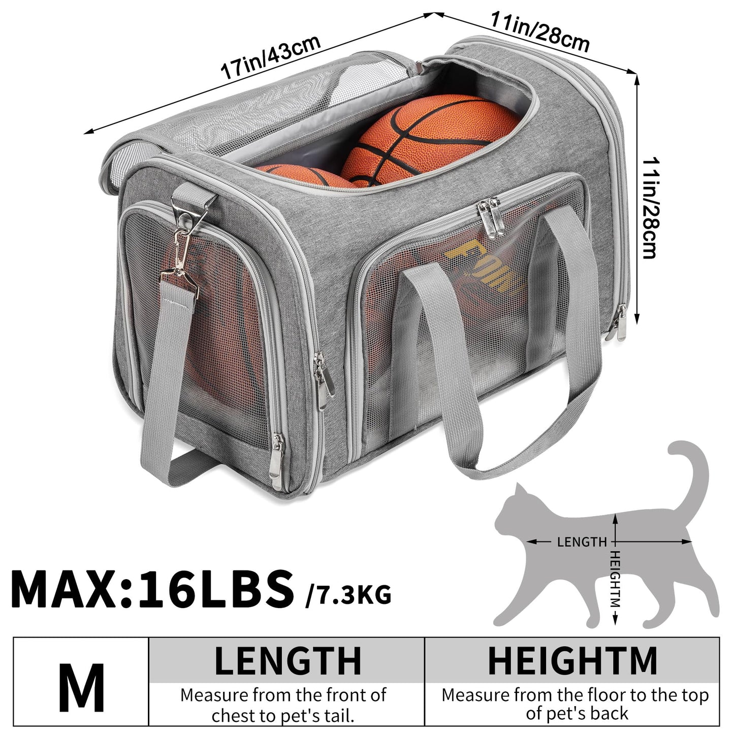 Soft-Sided Cat/Dog/Pet Carrier, Collapsible Pets Travel Carriers for Big Cats/Small Dogs with Shoulder Strap & Removable Mat, Mesh Puppy Carry Bag, Up to 16 Lbs, TSA Airline Approved(Gray)